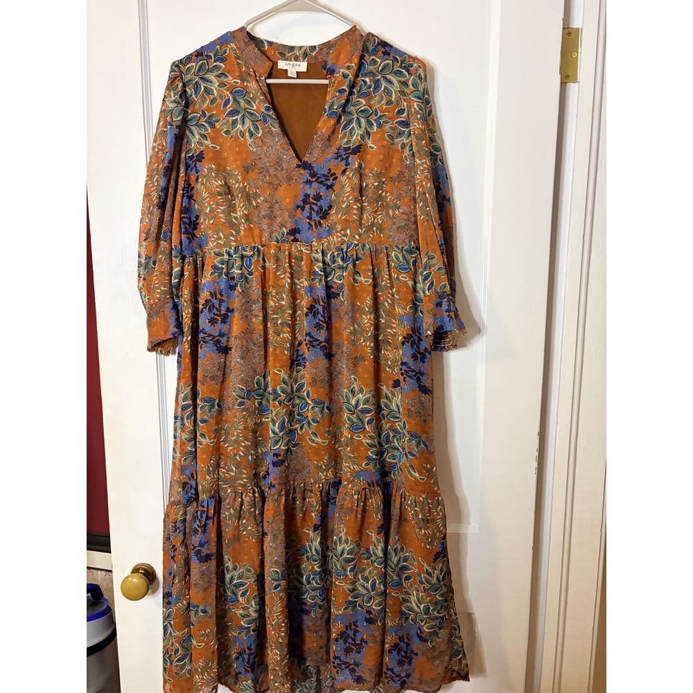 Umgee USA Floral Clip Dot Maxi Dress Rust Orange Metallic Tiered Boho L - Picture 2 of 6